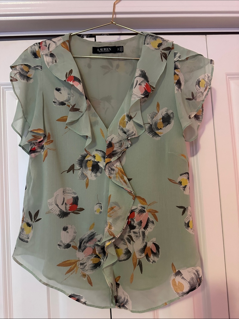 LAUREN Ralph Lauren Mint Green Floral Ruffle V-Neck Blouse